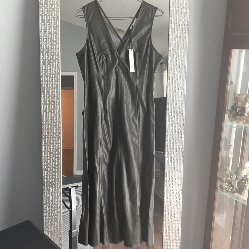 Prologue, deep sea green leather dress